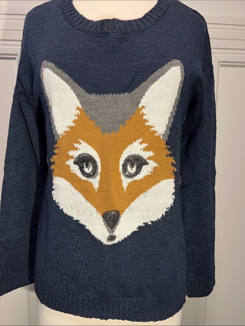 Animal FOX Sweater-New Direction Navy Sweater with Sequins on face